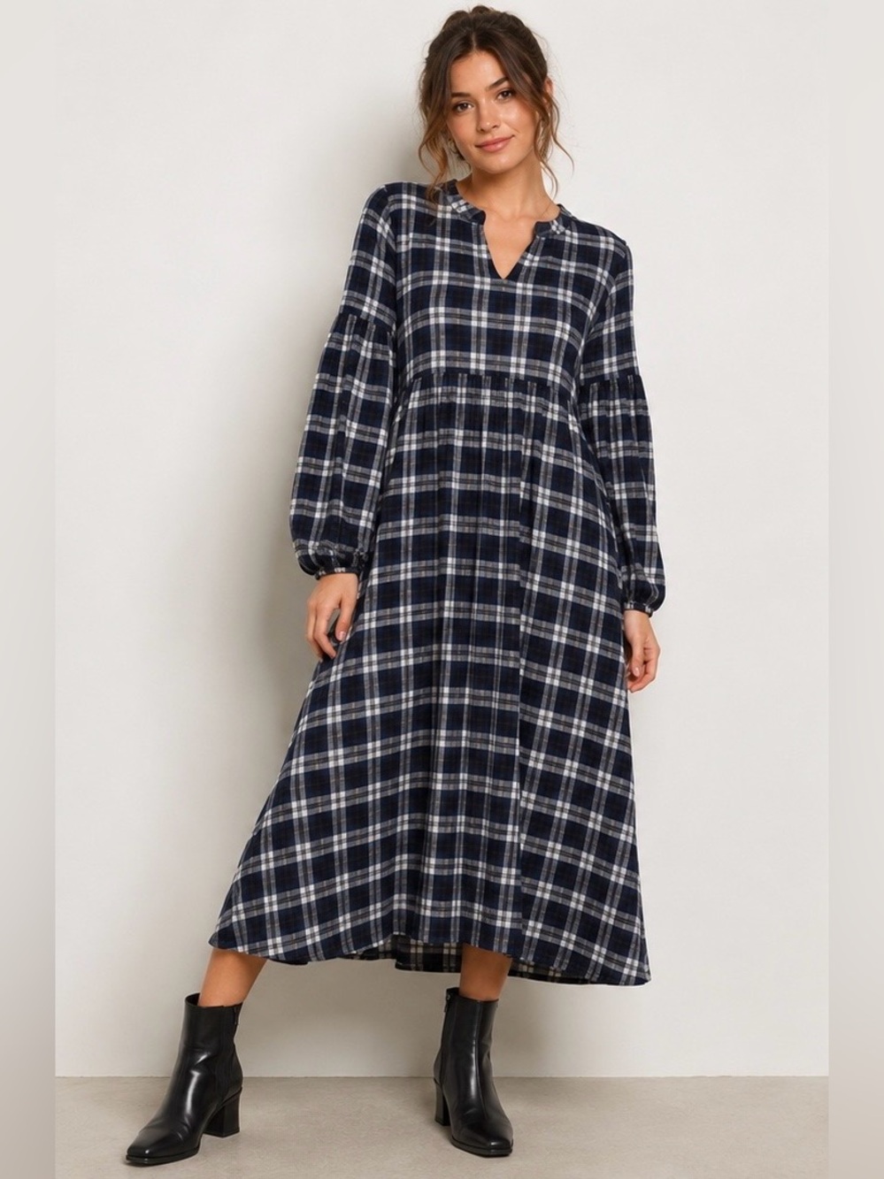 Navy Plaid Long-Sleeve Maxi Dress